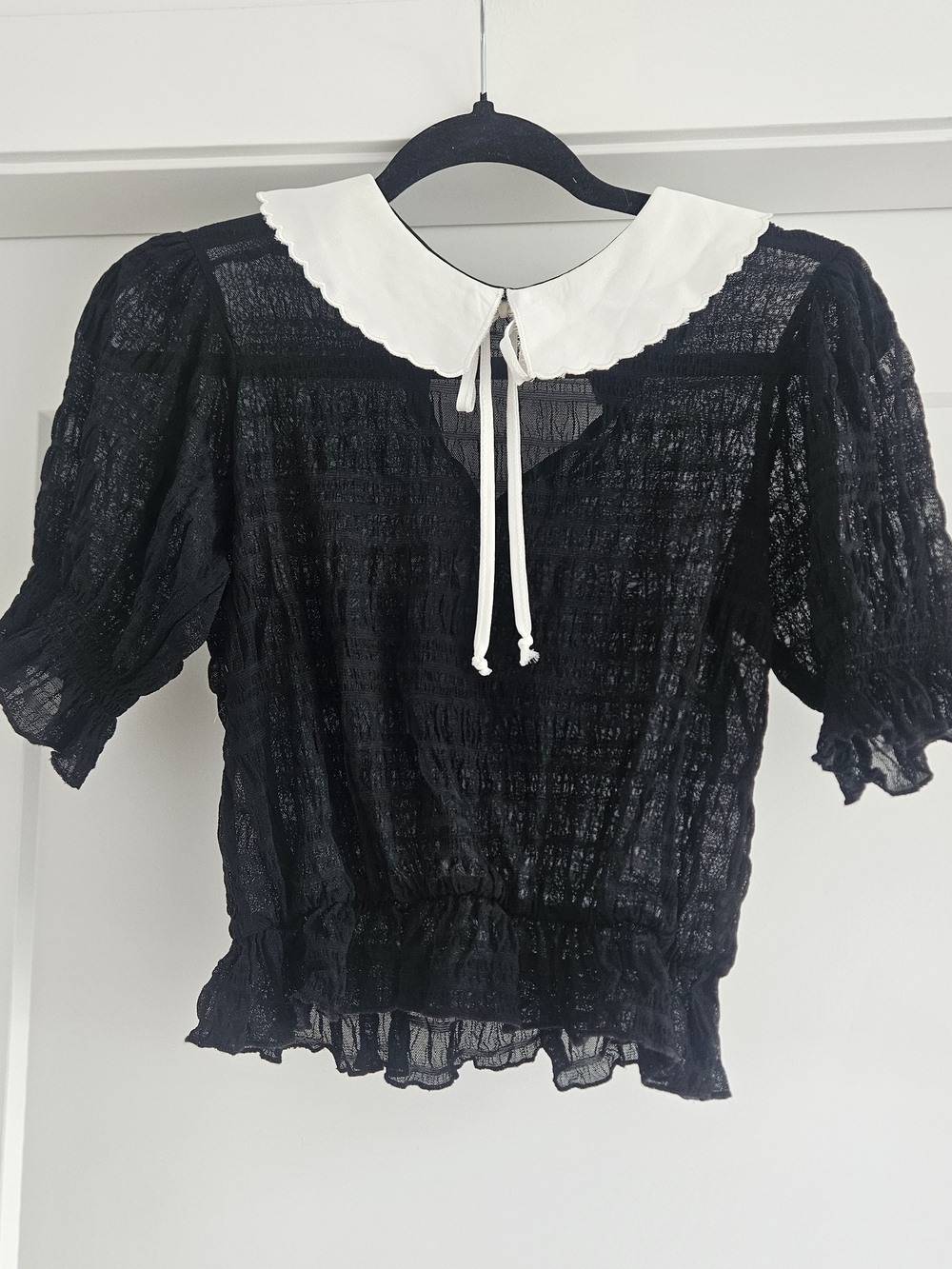 Black Sheer Peasant Blouse with White Scalloped Collar